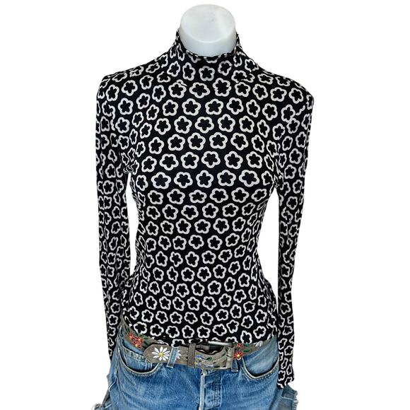 Tory Burch Black White Flower Top SIZE 8 Bodycon Long Sleeve Mockneck Silk $448 - Picture 7 of 13